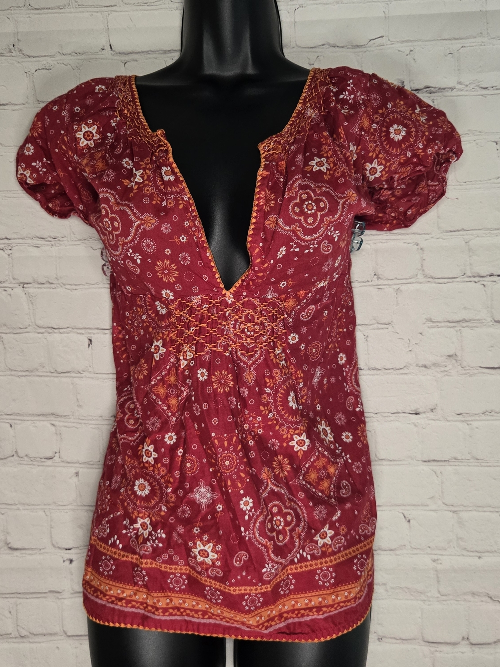 Eddie‎ Bauer Pink Milkmaid Floral Cotton Blouse Lg Boho Granola Girl CottageCore